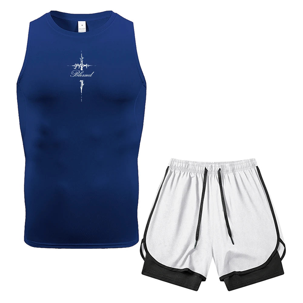Mens 2 Piece Compression Sleeveless Vest Thorn Cross Text Print Dual Layer Shorts With Pocket Towel Ring Gym Training Outfit