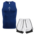 Mens 2 Piece Compression Sleeveless Vest Thorn Cross Text Print Dual Layer Shorts With Pocket Towel Ring Gym Training Outfit
