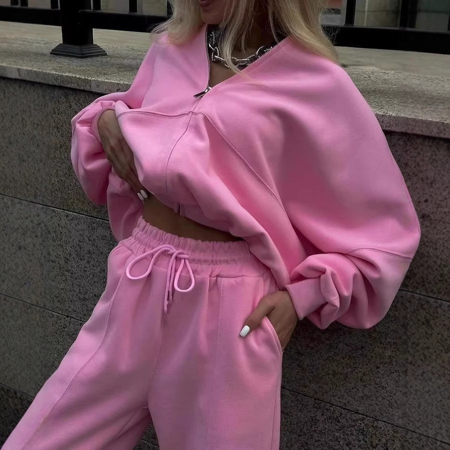 Fall Women's Clothing Zipper Casual Sweater Two-piece Set