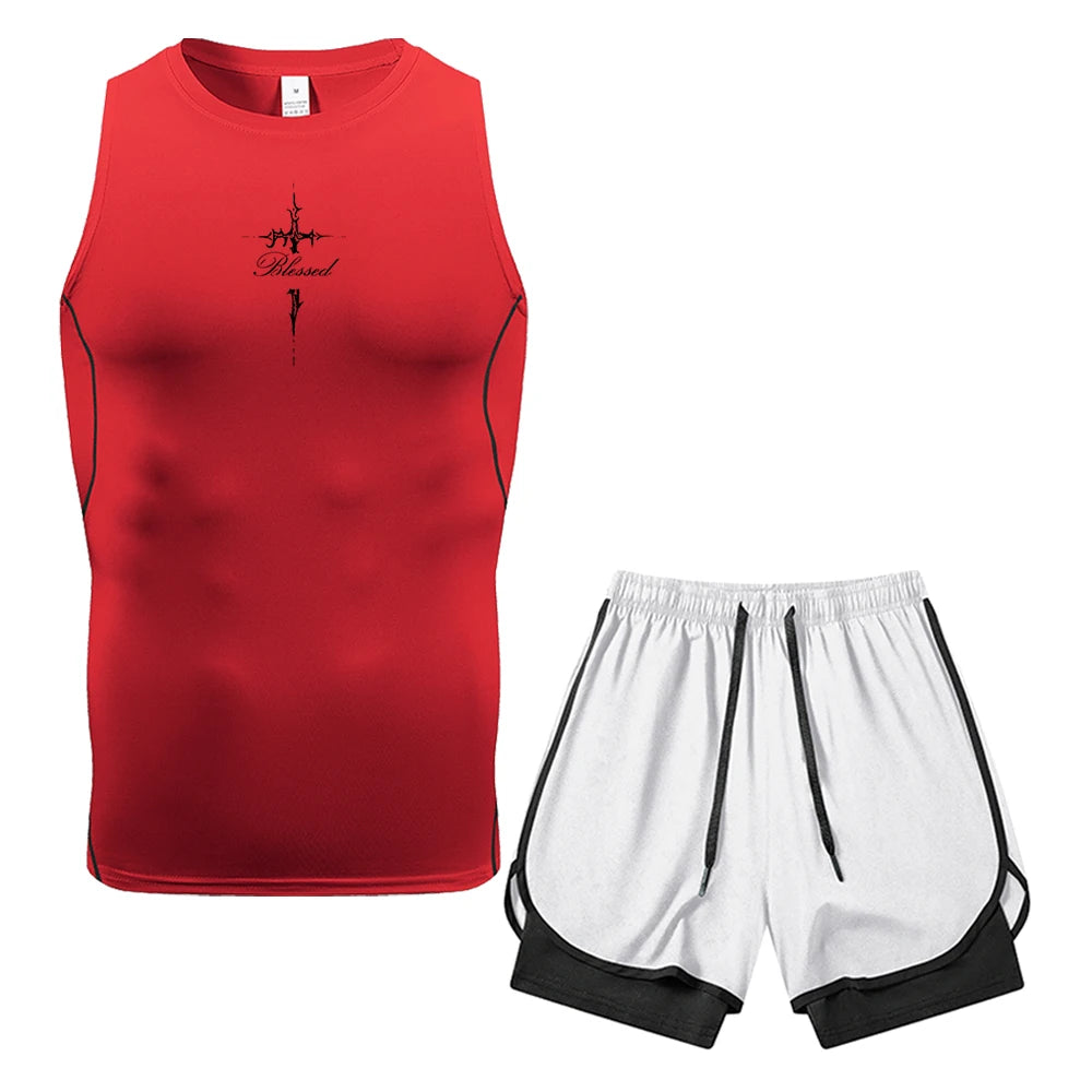 Mens 2 Piece Compression Sleeveless Vest Thorn Cross Text Print Dual Layer Shorts With Pocket Towel Ring Gym Training Outfit