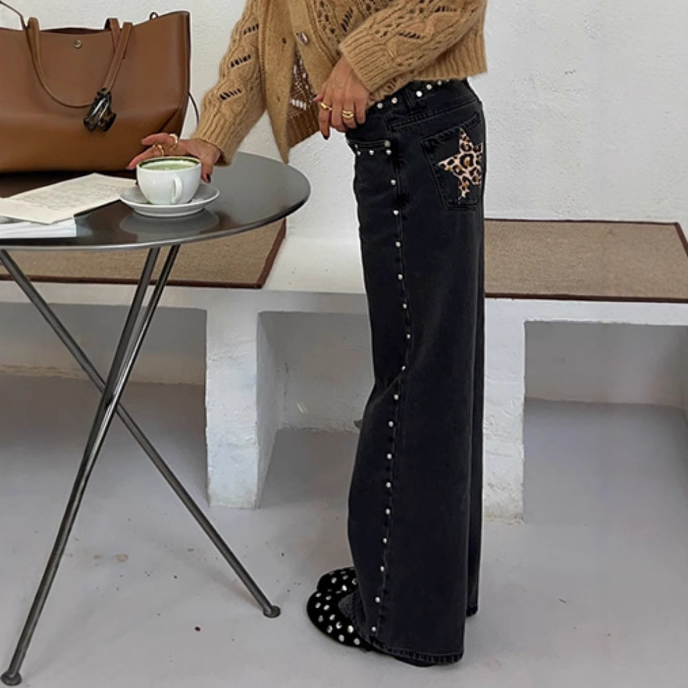 Leopard Print Five-pointed Star Deconstructing Jeans For Women