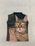 Y2K American Retro Worn Dark Base Lazy Eyeglass Kitten Half High Neck Sleeveless Fitted Waist Unique Blouse