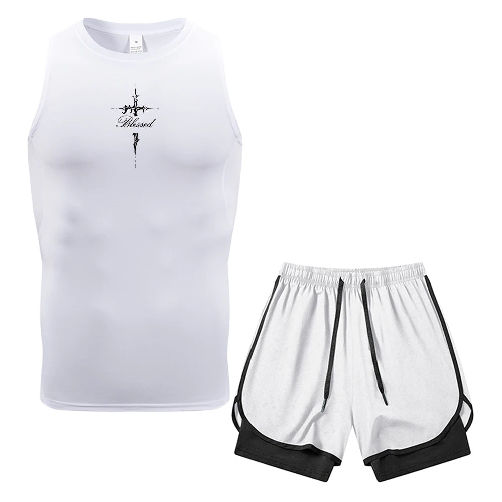 Mens 2 Piece Compression Sleeveless Vest Thorn Cross Text Print Dual Layer Shorts With Pocket Towel Ring Gym Training Outfit