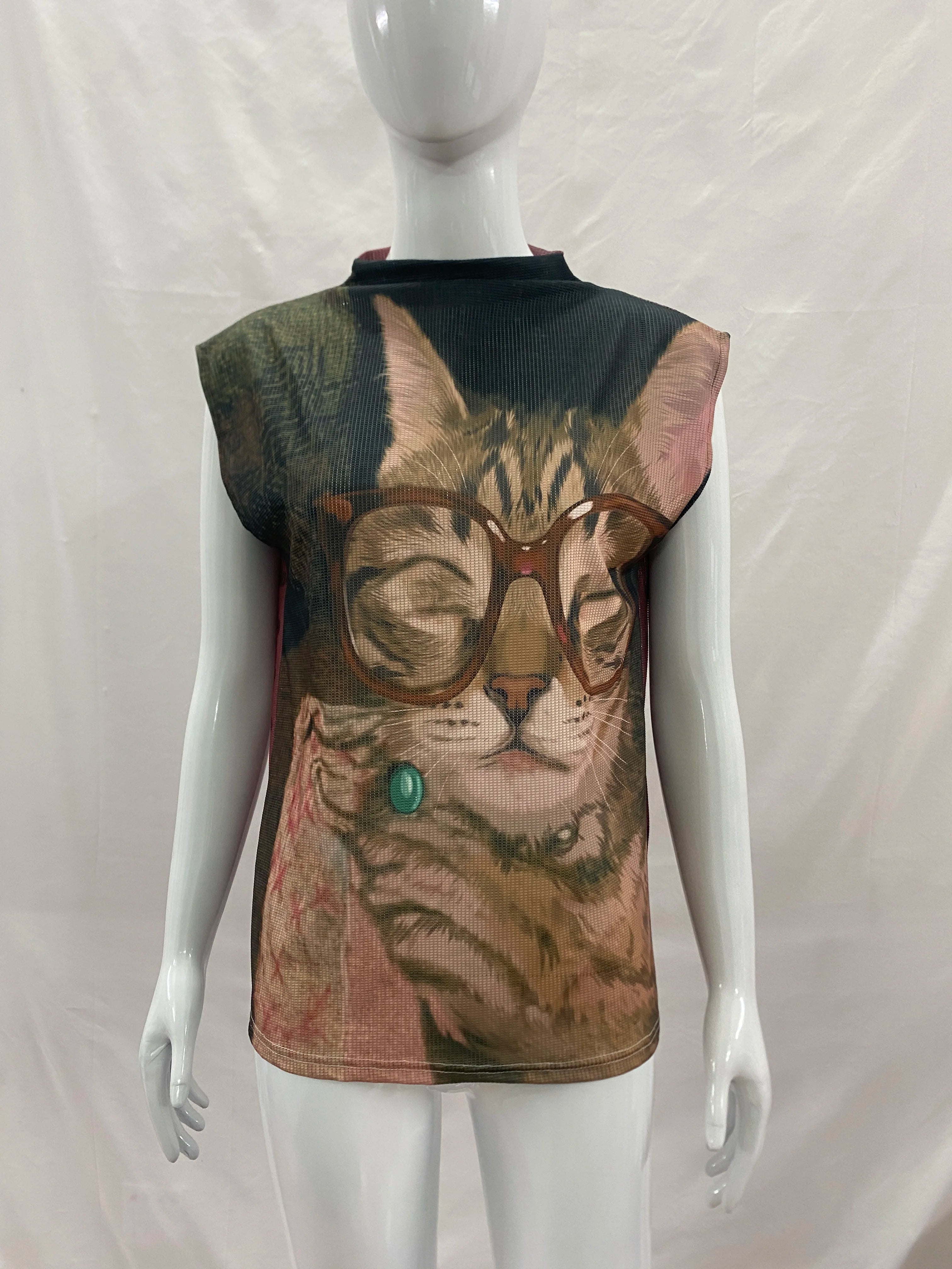 Y2K American Retro Worn Dark Base Lazy Eyeglass Kitten Half High Neck Sleeveless Fitted Waist Unique Blouse