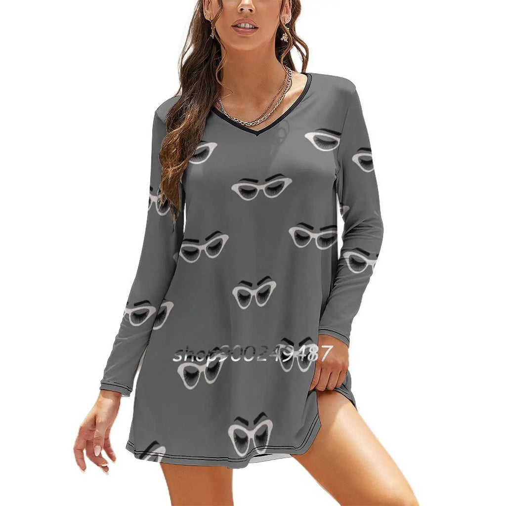 Lashes And Glasses Square Neck Dress Cute Loose Print Dresses Elegant Beach Party Dress Lashes Lash Glasses Glass Eye Lashes