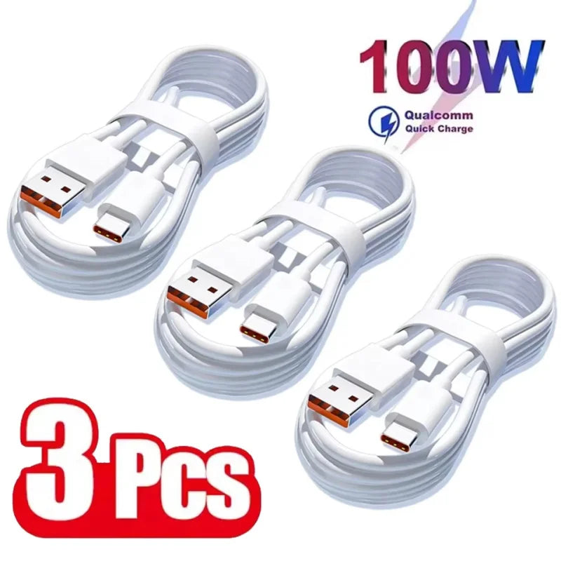 Cable de datos de carga súper rápida tipo C de 3 piezas de 6 A y 100 W para Samsung Huawei Xiaomi Redmi Cables USB C de carga rápida