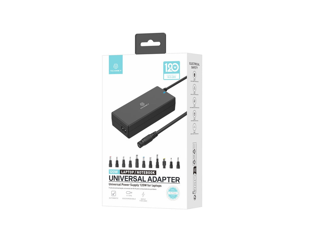 Techancy  Adaptador de energia universal TL7344 para laptops, com potência de 120W, 11 conectores e proteções contra sobrecorrente e sobretensão