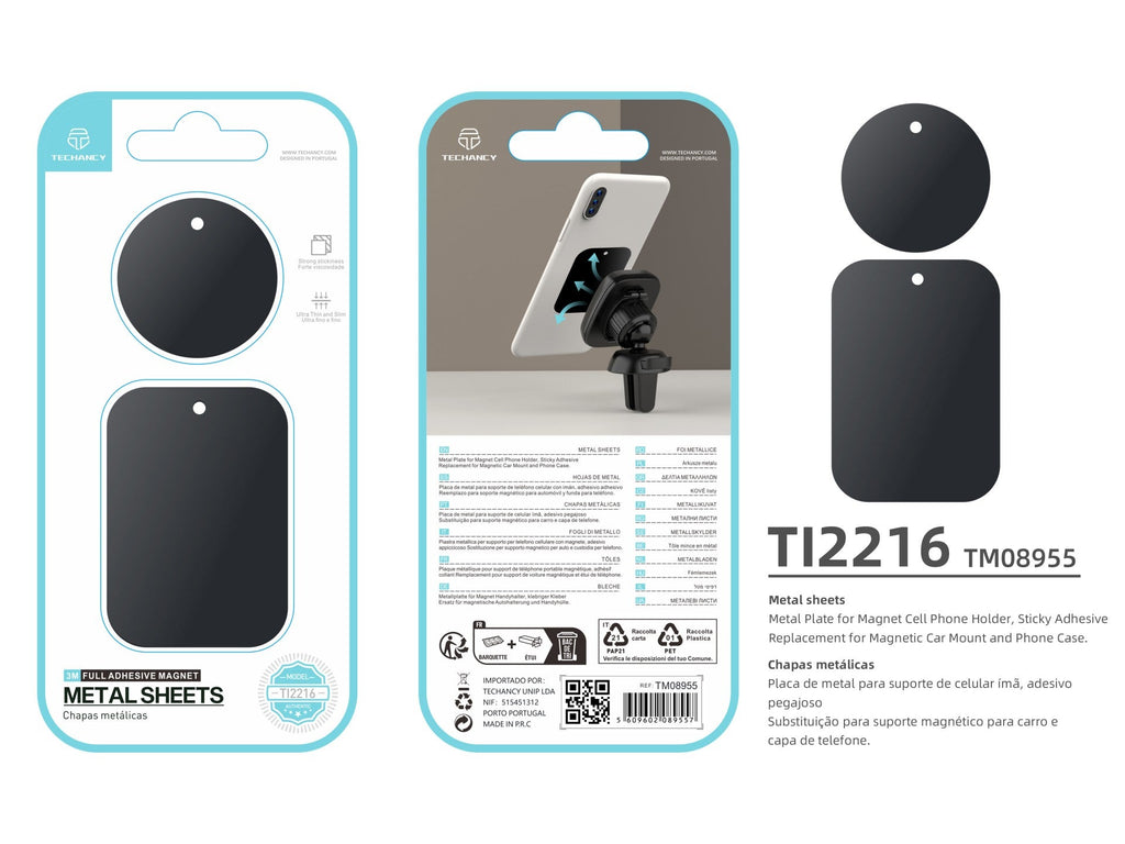 Techancy Adesivo Metálico Para Telemóveis Ti2216 Preto Para Suportes Magnéticos De Telemóveis E Capas Com Aderência