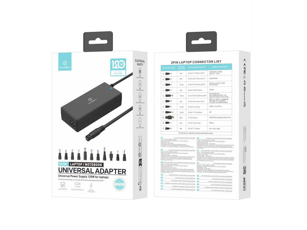 Techancy  Adaptador de energia universal TL7344 para laptops, com potência de 120W, 11 conectores e proteções contra sobrecorrente e sobretensão