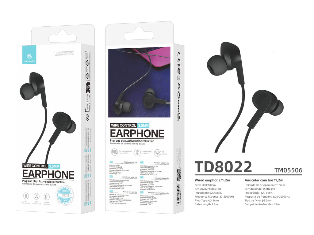 Techancy Auricular Com Fios Preto TD8022 , Microfone Integrado, 3,5 Mm, Compatível Com Smartphones E Tablets