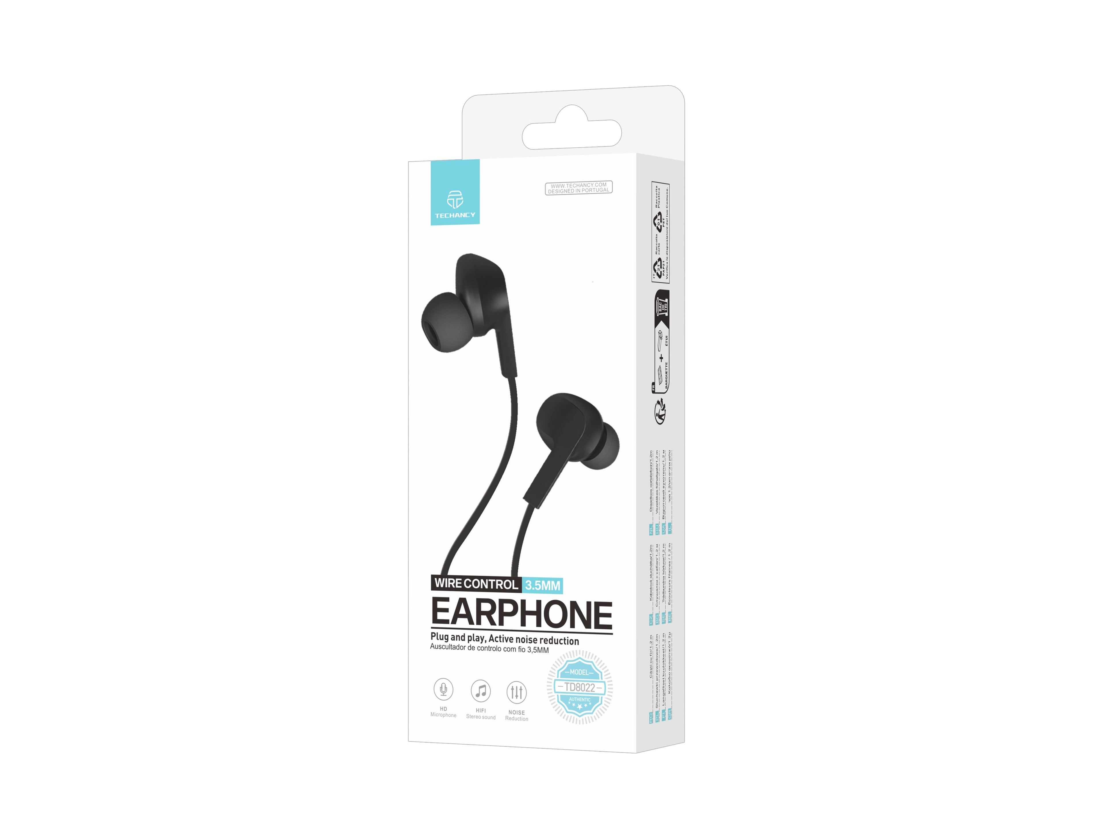 Techancy Auricular Com Fios Preto TD8022 , Microfone Integrado, 3,5 Mm, Compatível Com Smartphones E Tablets