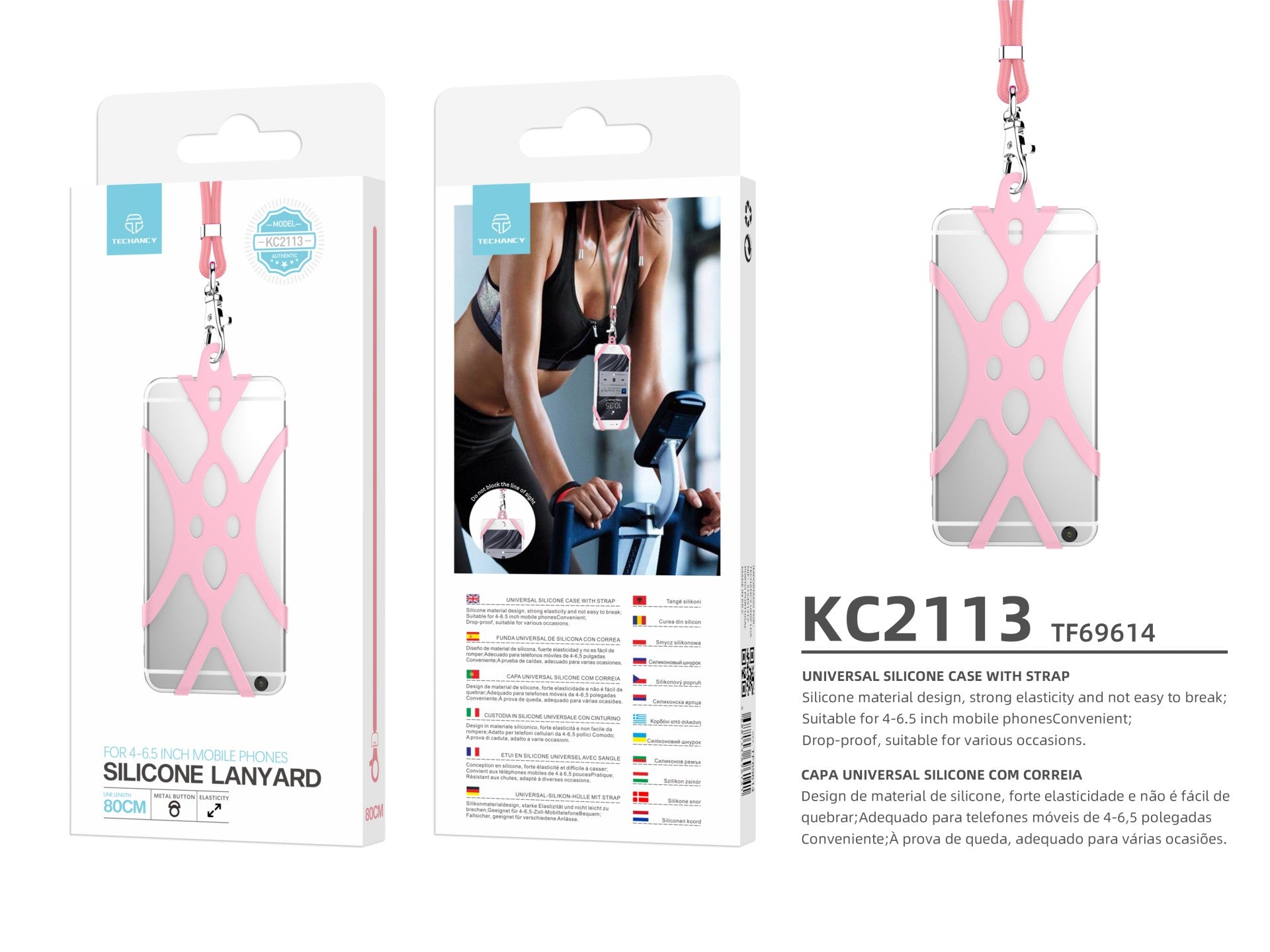 Correia universal de silicone para telemóvel Techancy, 80 cm, KC2113, compatível com todos os modelos de telemóvel, cor rosa