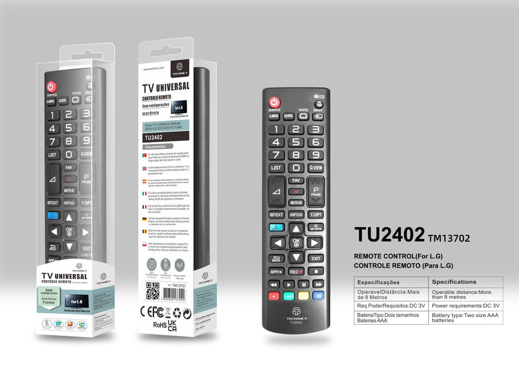 Techancy Controlo Remoto Do Televisor  TU2402, Alcance Sem Fios De 8m, Compatível Com Televisores Lg, Ligação Auto-Adaptável