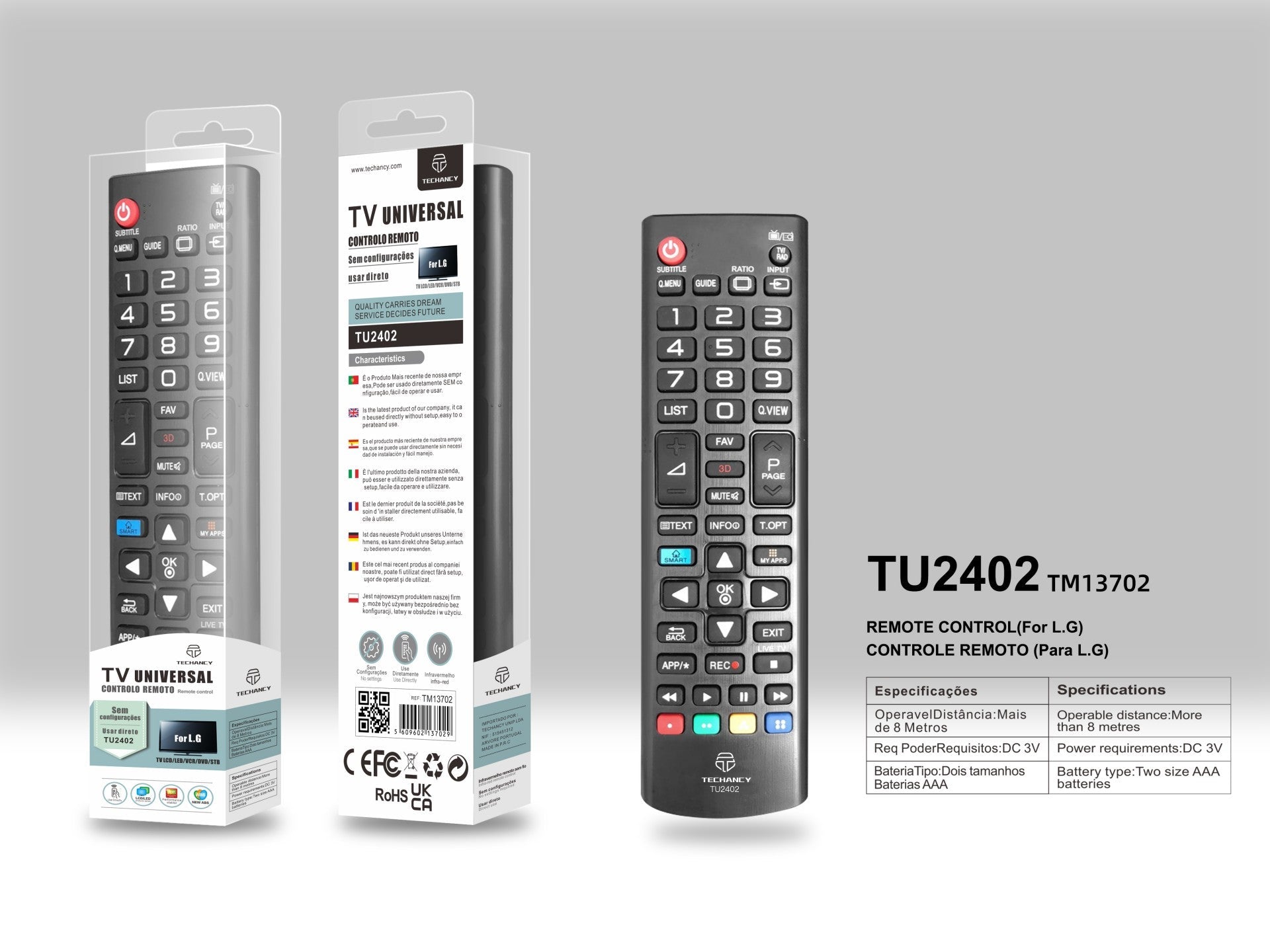 Techancy Controlo Remoto Do Televisor  TU2402, Alcance Sem Fios De 8m, Compatível Com Televisores Lg, Ligação Auto-Adaptável