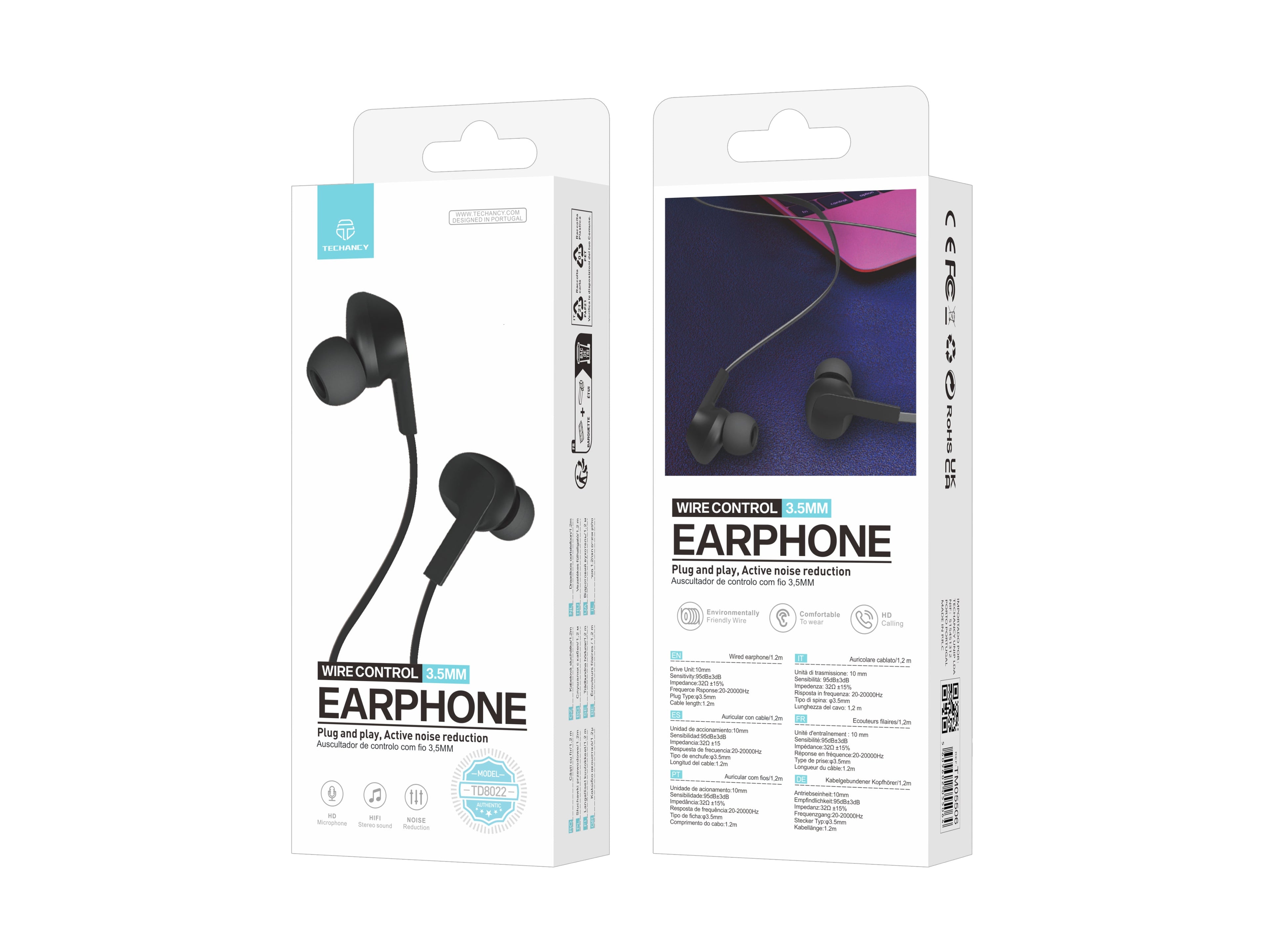 Techancy Auricular Com Fios Preto TD8022 , Microfone Integrado, 3,5 Mm, Compatível Com Smartphones E Tablets