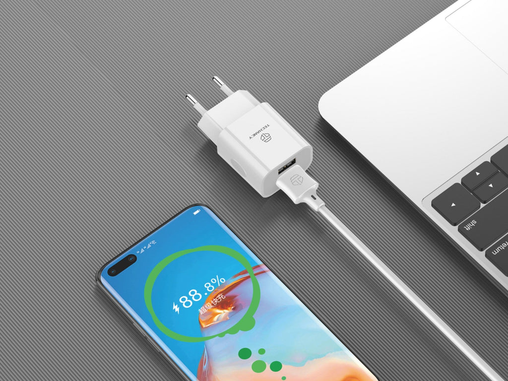 Techancy Carregador De Parede 2usb Branco TA2791,5V-2.4A Carregamento,Conjunto De Cabos Usb-Tipo-C 1m,Suporta Telemóveis Usb-C